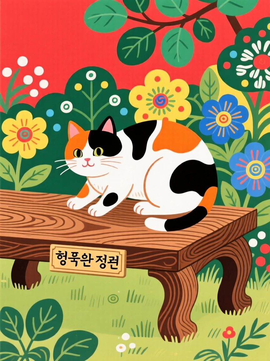 A calico cat peeking out from beneath a garden bench.