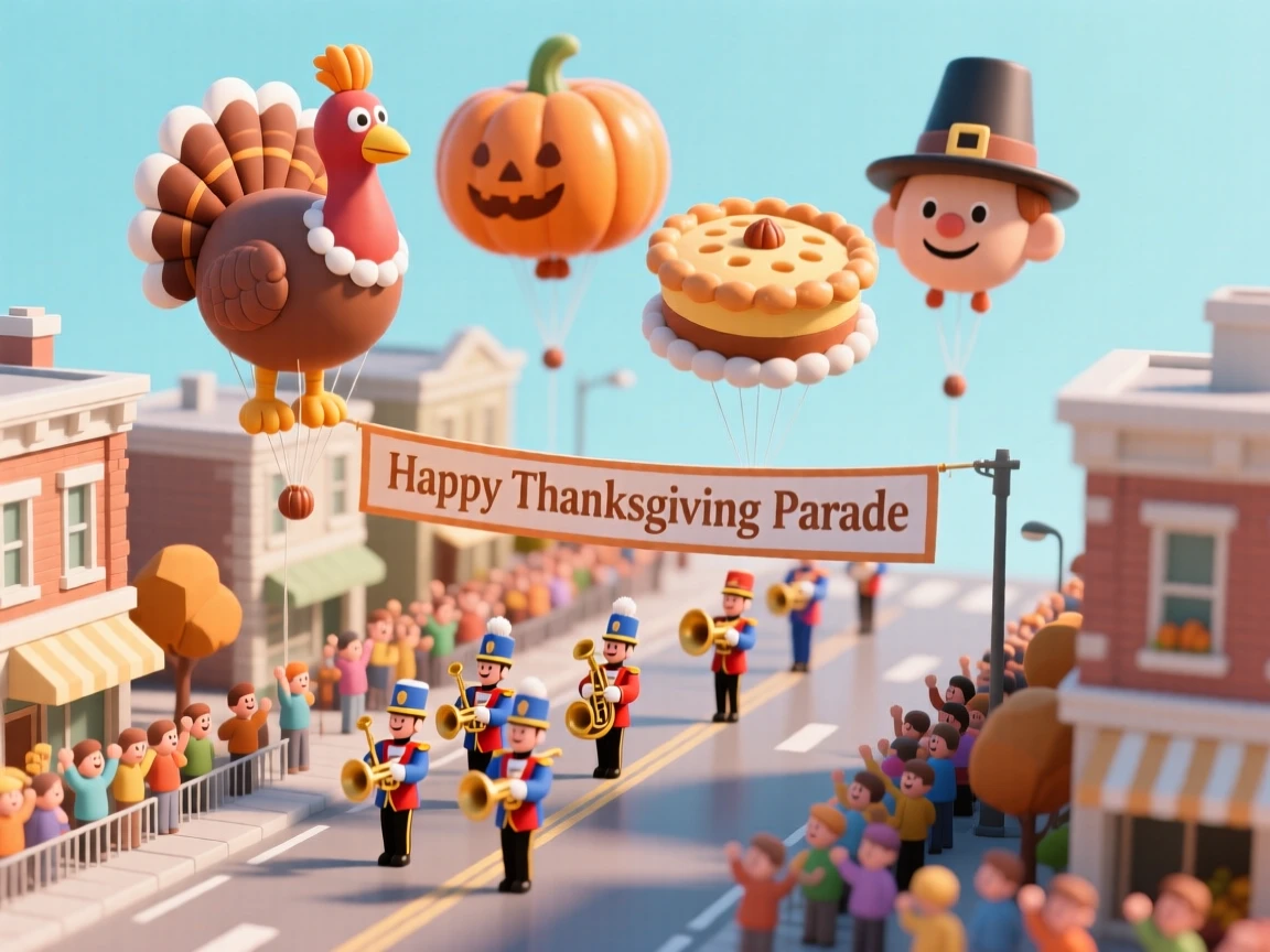 A Thanksgiving parade with giant balloon floats drifting above a city street, marching bands and cheering crowds below.