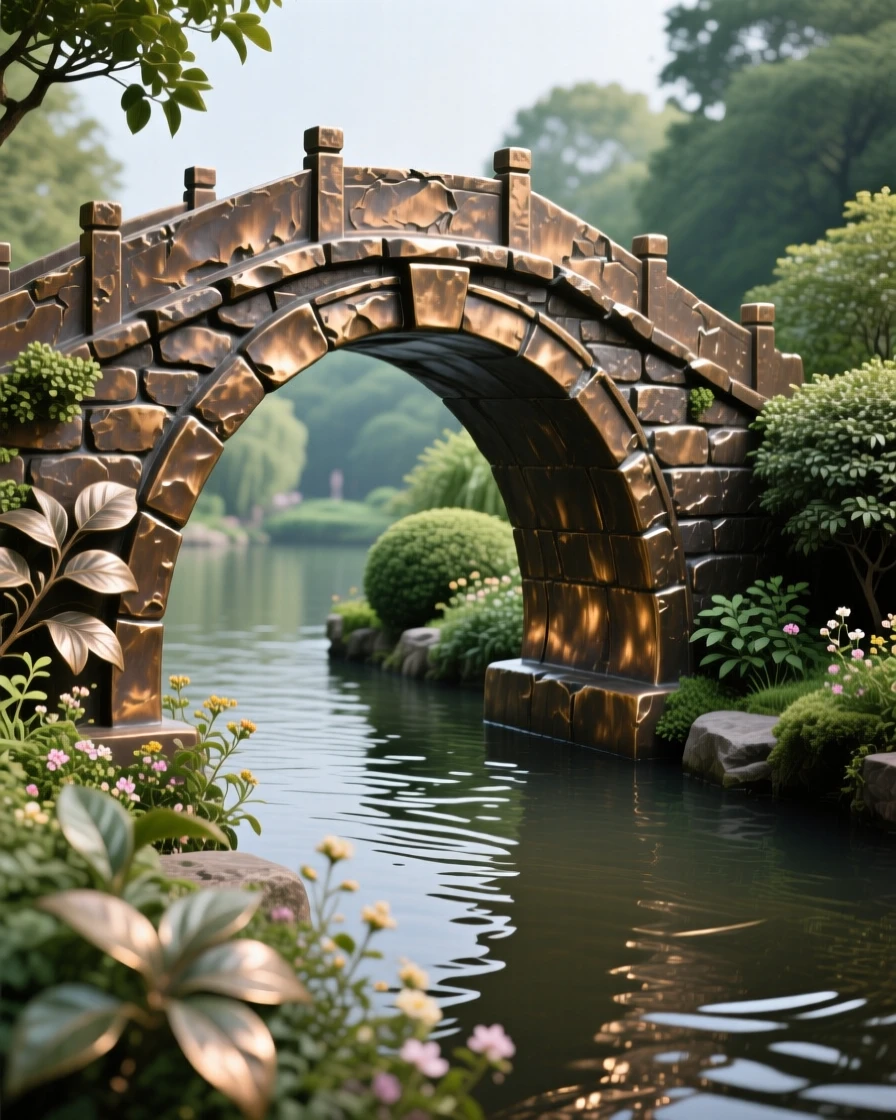 An ancient stone bridge arching over a quiet river, surrounded by lush, verdant gardens, exuding timeless grandeur