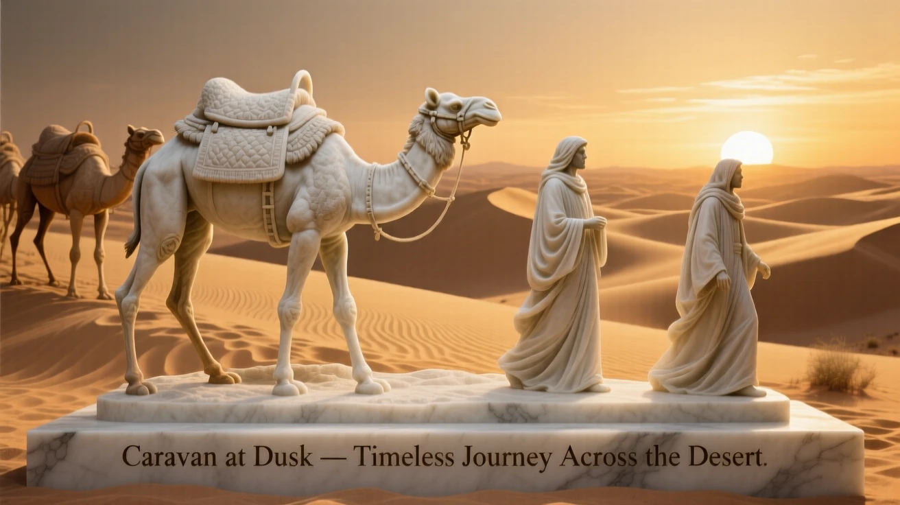 An evocative depiction of a caravan crossing golden desert dunes at sunset, surrounded by soft, glowing light, balancing detail with emotional depth