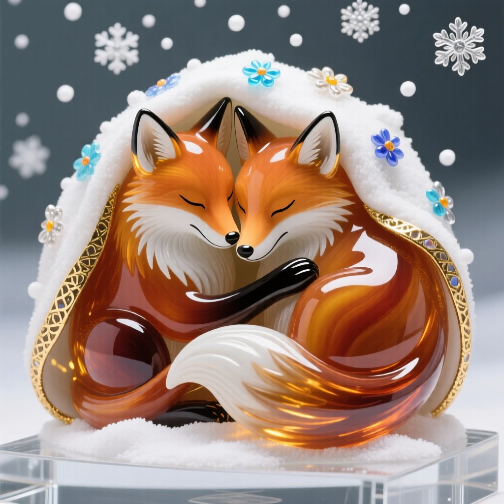 A pair of foxes curled together beneath a blanket of falling snow, cozy and tender.