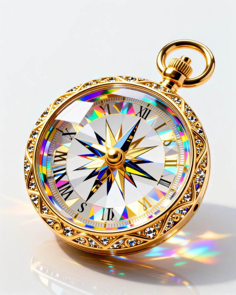 An elaborate gold pocket compass with intricate engraved detailing.