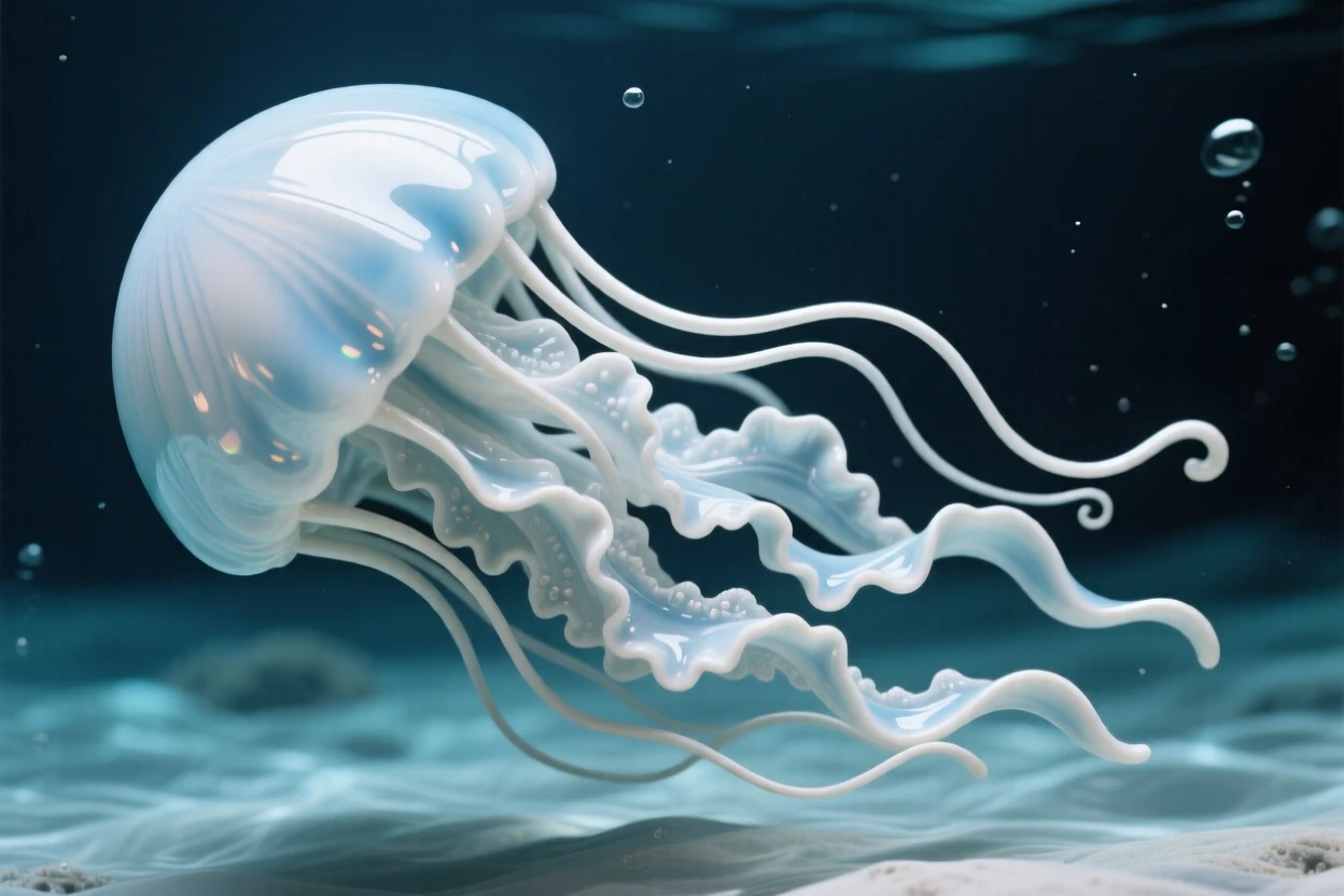 A jellyfish drifting with trailing tendrils caught in a burst of playful motion, its fins trailing like delicate ribbons, capturing a fleeting moment of underwater grace.