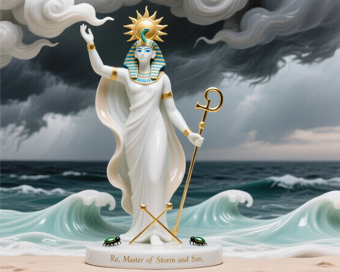 A mythological moment: an Egyptian sun deity commanding a storm over the ocean, surrounded by symbols of divine power.