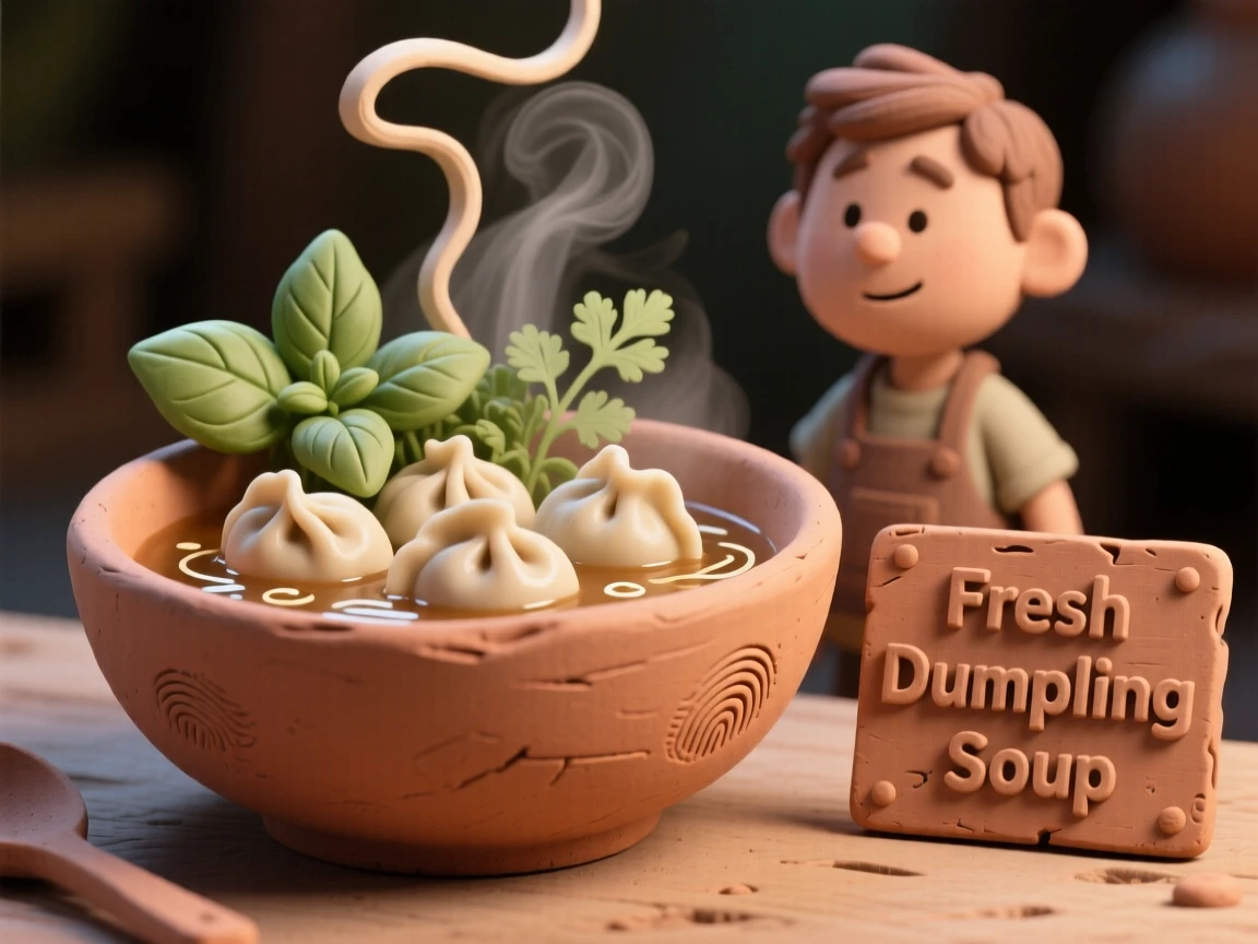 A steaming bowl of dumpling soup garnished with fresh herbs