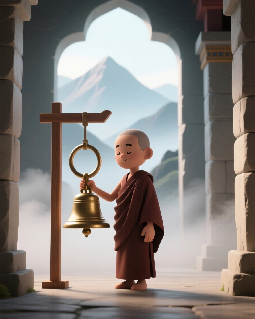 A gentle Nepali monk rings a large brass bell inside a mountain monastery wrapped in morning mist.