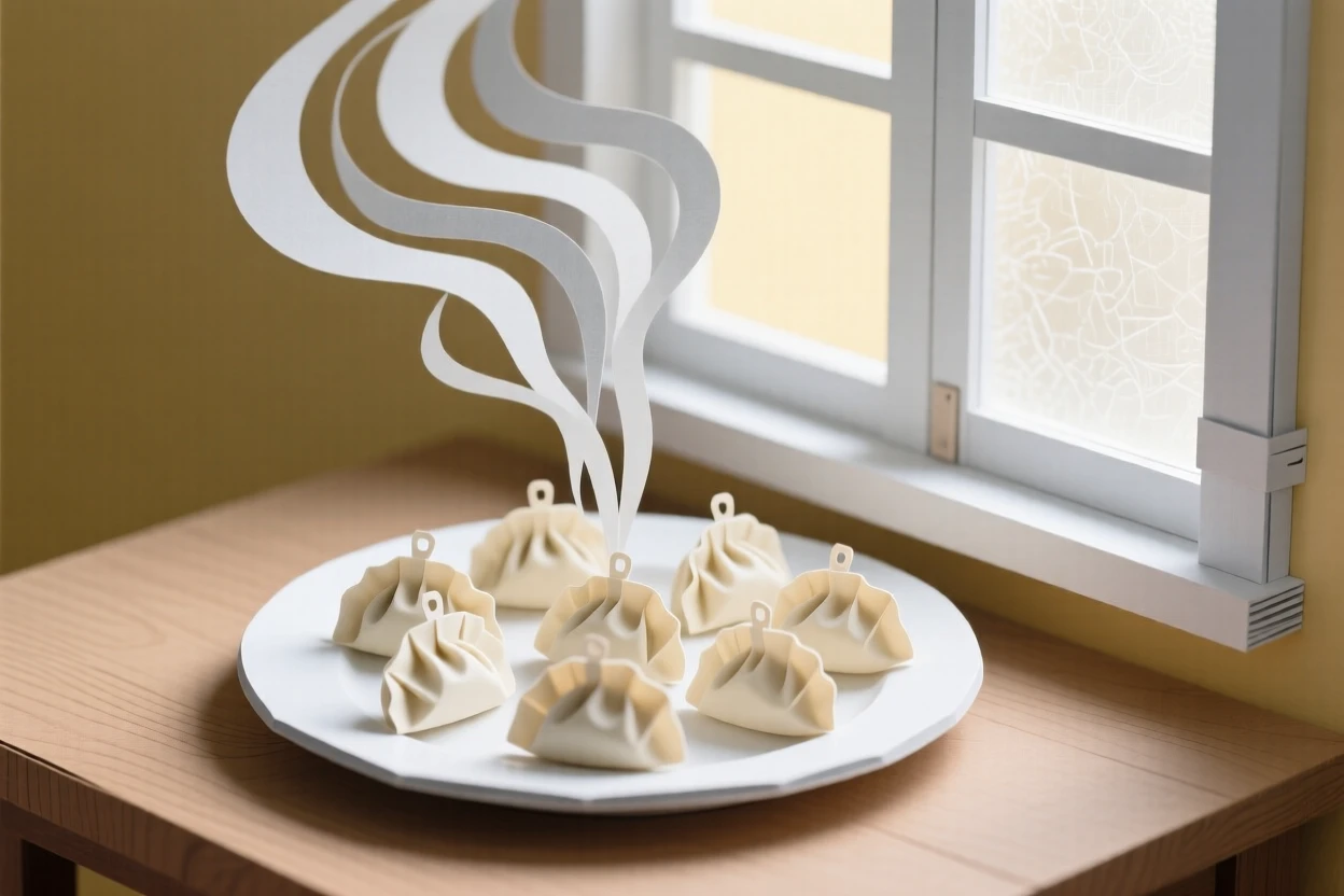 A delicate plate of handmade dumplings arranged beside a sunlit window, with steam rising gently into soft light, capturing indulgence and warmth.