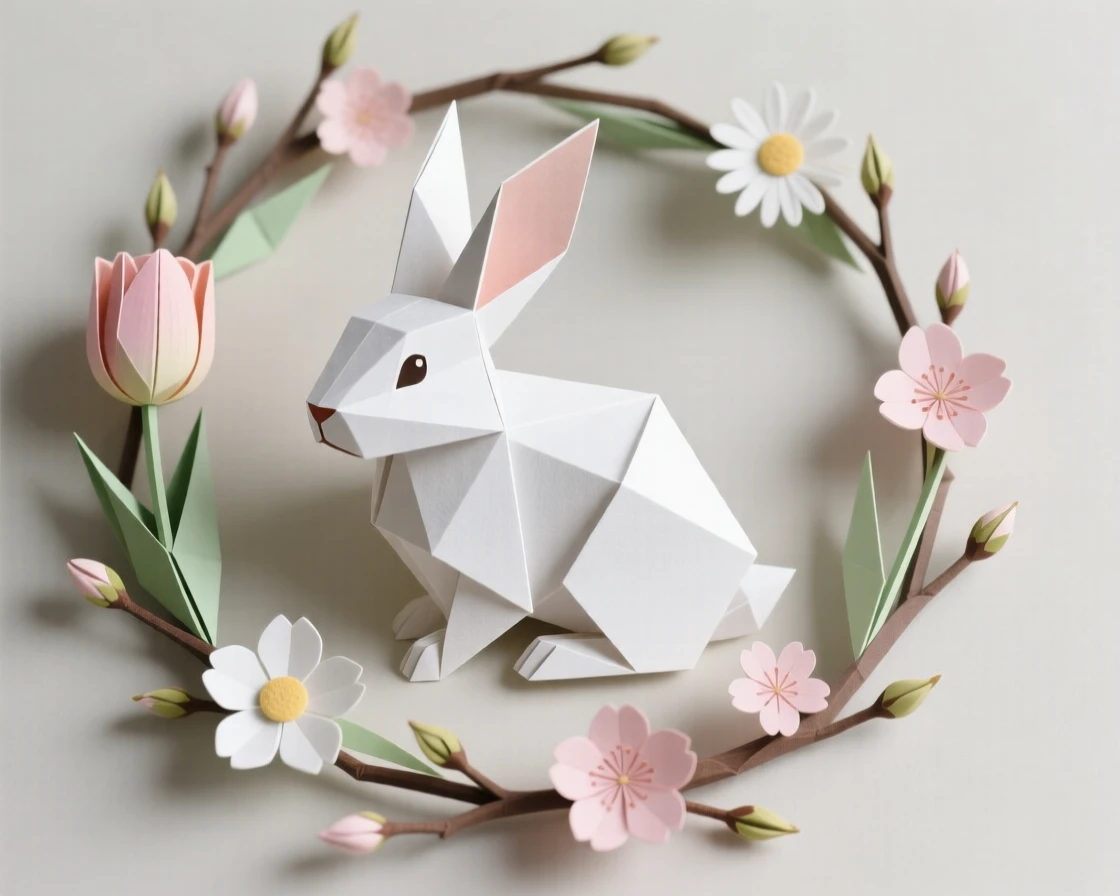 A stylized rabbit resting among a wreath of spring flowers and budding branches.
