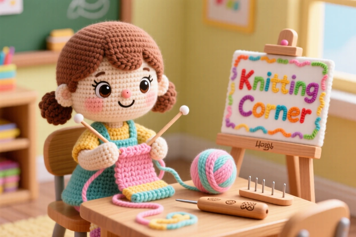 a little girl learning to knit, with needles and a ball of yarn, carefully forming her first few stitches, in a bright classroom corner set up for a project, with a favorite well-worn tool resting close by, radiating joyful discovery and playful learning.