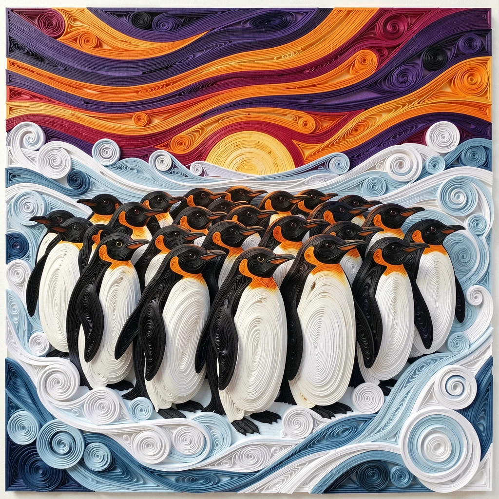 A striking wildlife scene of a colony of penguins huddled together in a blizzard against a dramatic glowing sunset sky, beneath a sky streaked with vivid color, shown from a sweeping wide-angle perspective.