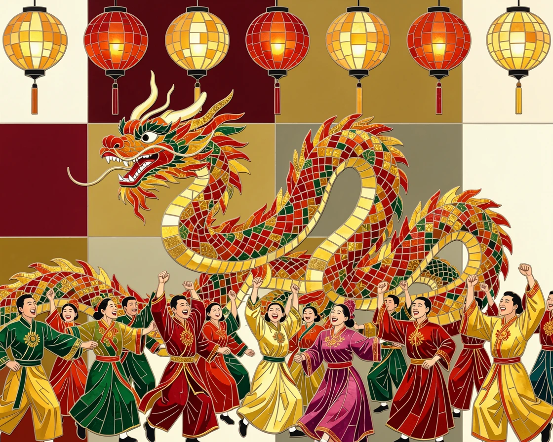 A chinese new year parade with a dazzling dragon dance under lanterns, filled with warm light, motion, and joyful energy.