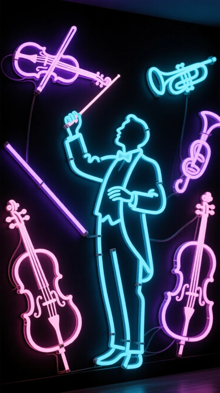 A conductor leading an orchestra mid-performance.