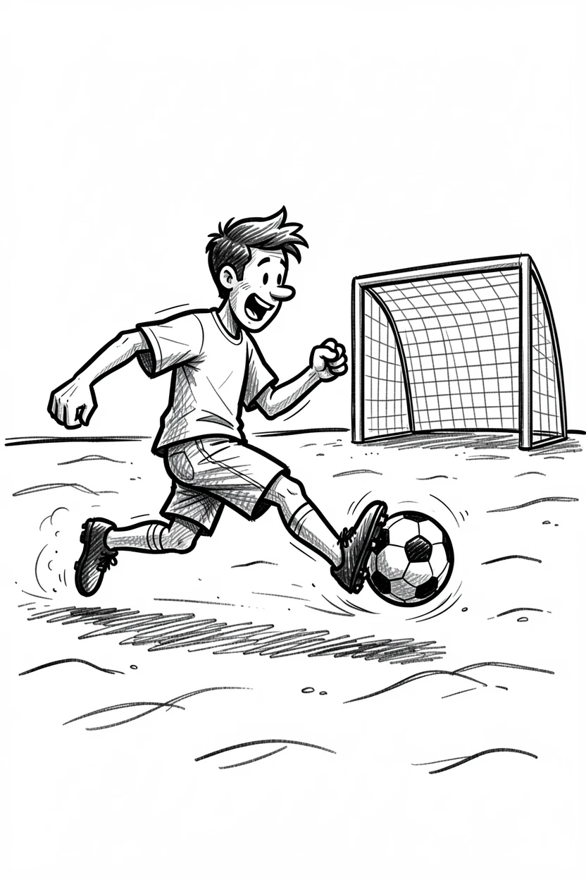 A soccer player kicking a ball toward the goal across a wide sandy beach.