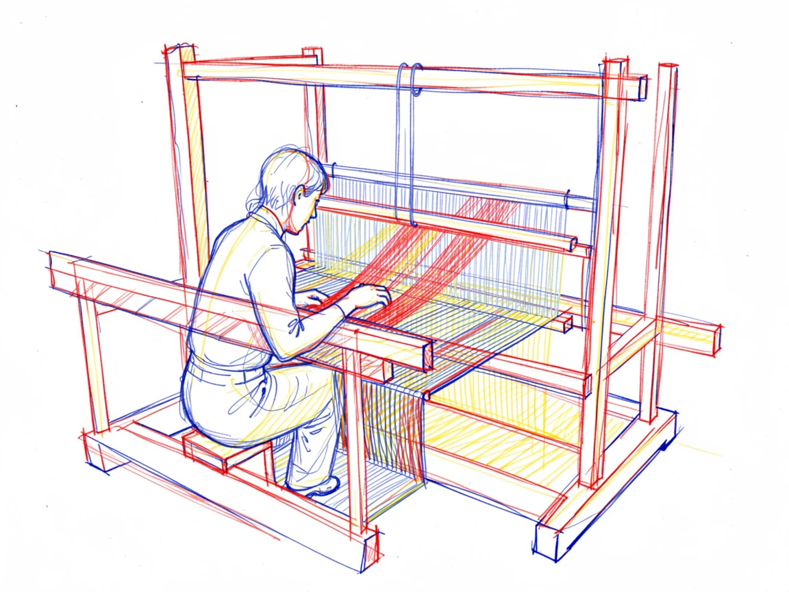 A weaver working a large wooden loom, colorful threads crossing