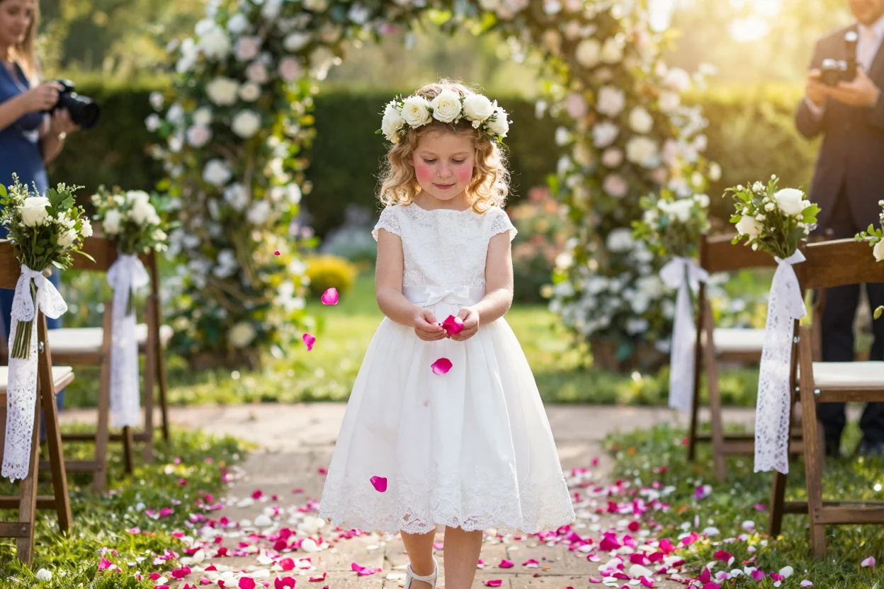 A flower girl scattering petals down a wedding aisle