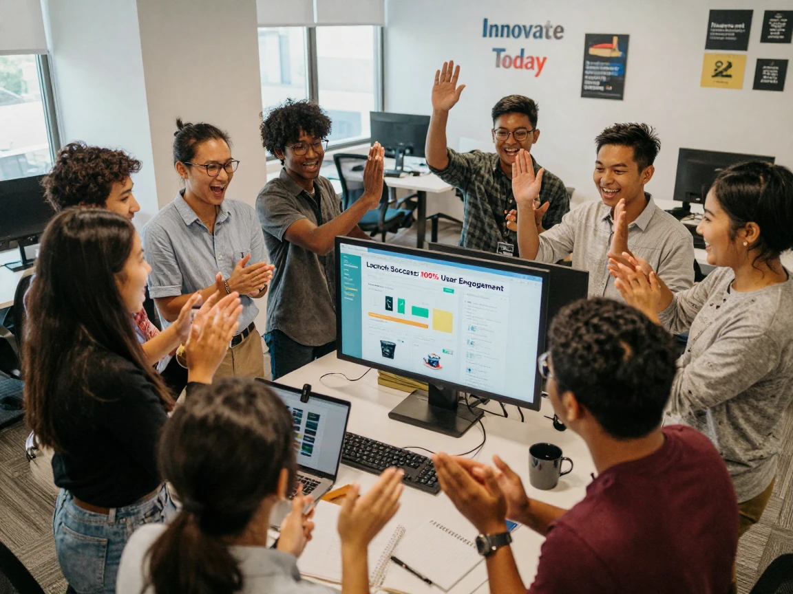 A group of interns crowds around a monitor celebrating a successful product launch.