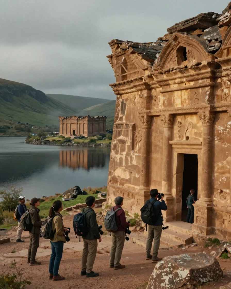 Travelers exploring a desert fortress carved from sandstone at the edge of a Scottish highland loch