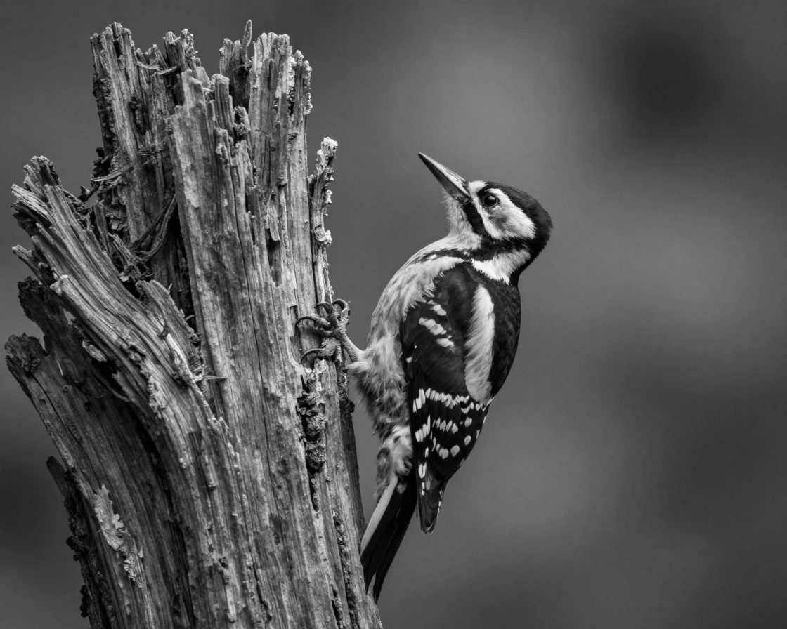 A woodpecker hammers rhythmically into a tree trunk on an old dead tree.