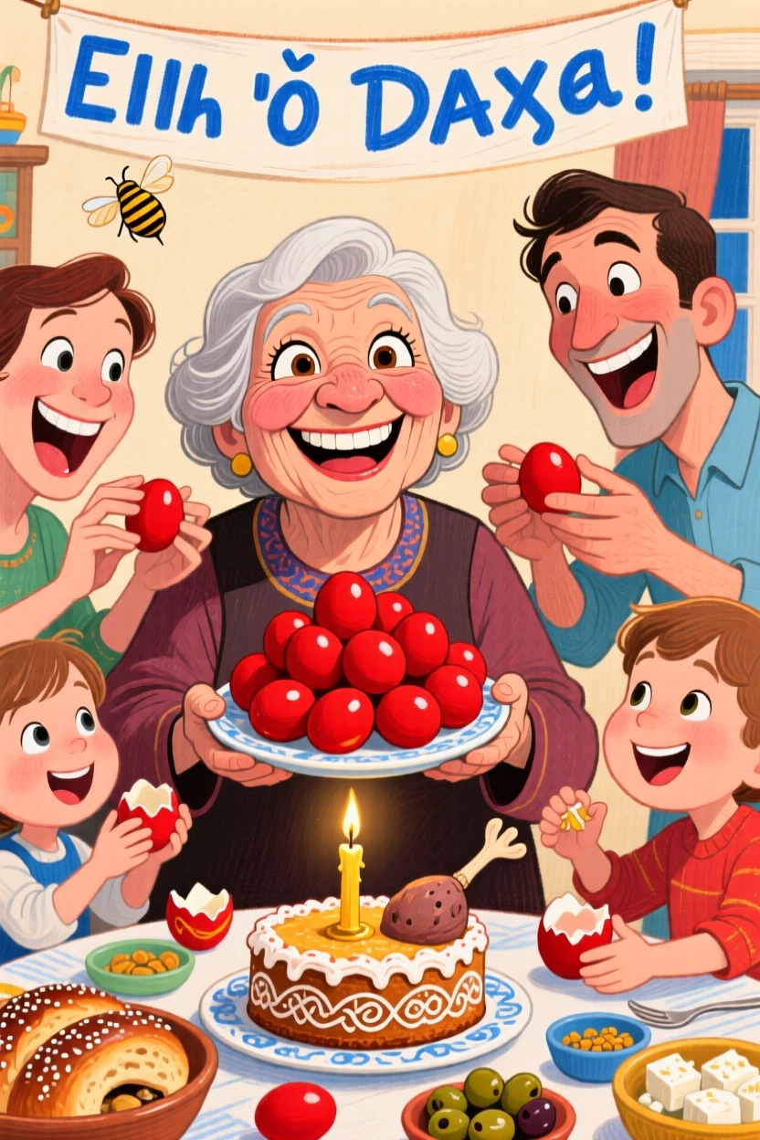 A family celebrating a traditional Greek Orthodox Easter with red-dyed eggs.