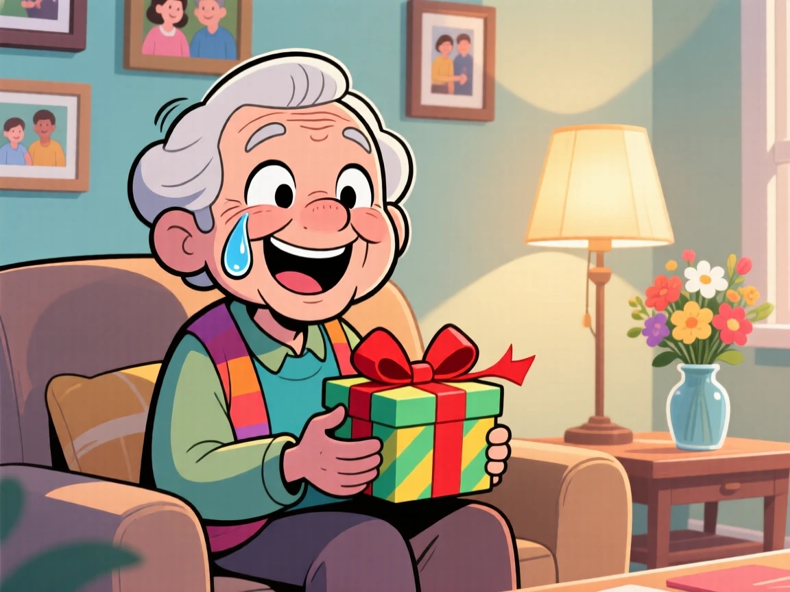 A heartwarming moment depicting a proud grandparent receiving a surprise that brings happy tears, with a single joyful tear rolling down a cheek.