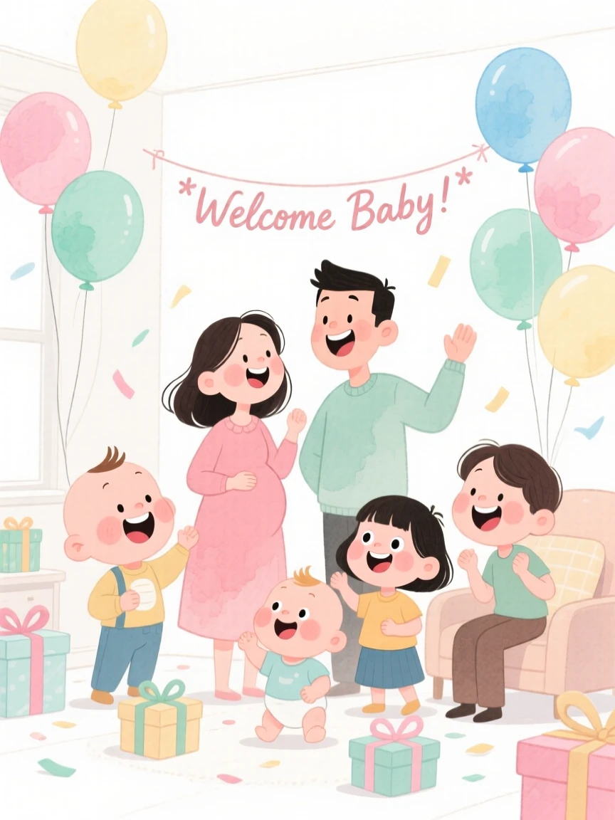 A joyful celebration scene of a baby shower with pastel balloons and tiny gifts, radiating cozy holiday cheer