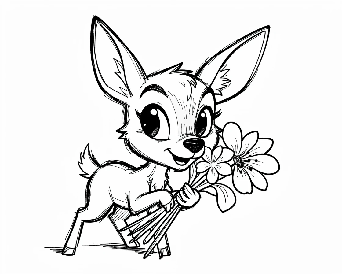 [Cute Animals & Pets] Adorable scene of a playful baby deer sniffing a bouquet of flowers, bursting with charm and playful energy