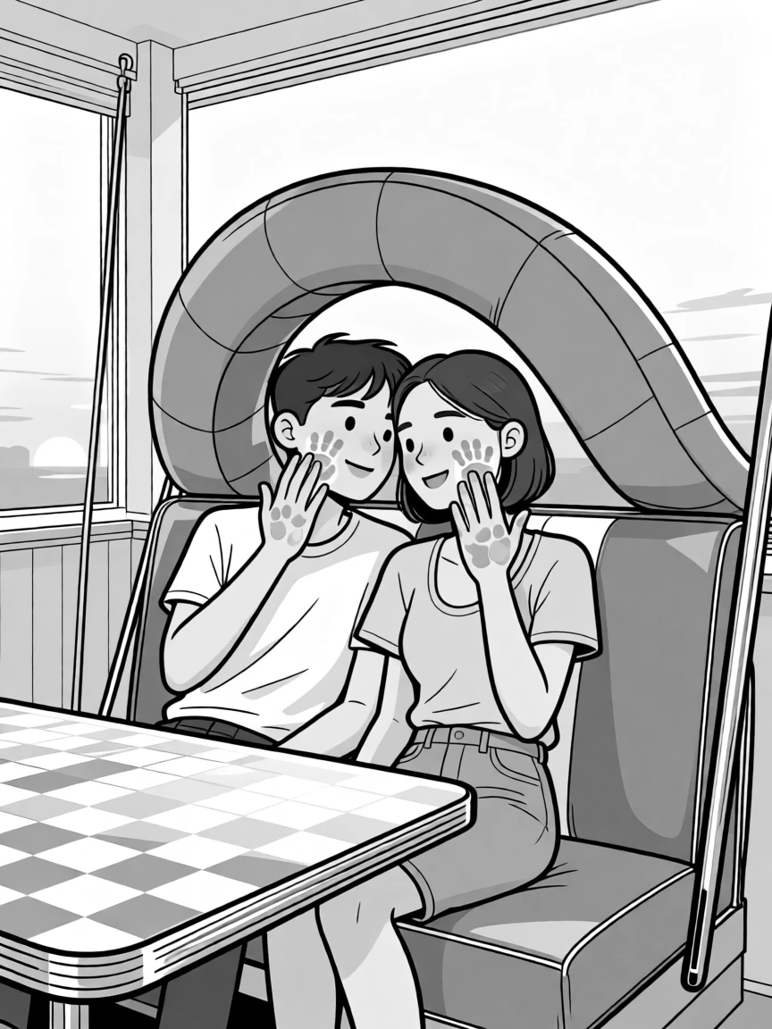A pair leaning together on a porch swing at sunset, leaving handprints of paint on each other's cheeks, set at a retro diner booth. Couch cushions form a lopsided, collapsing archway. The image glows with easy, unforced affection.