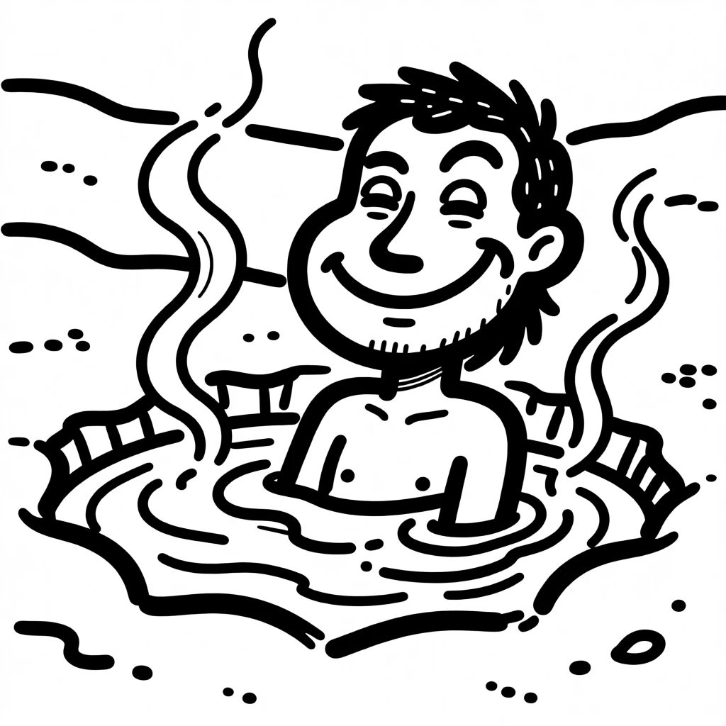 A person enjoying a relaxing soak in a steaming outdoor hot spring surrounded by snow.