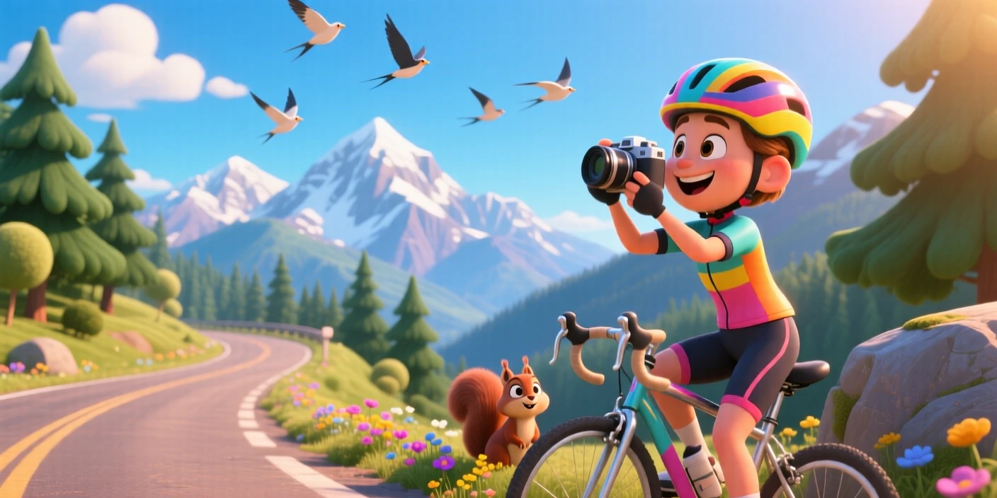 A cyclist pausing on a scenic road stands in front of a snow-capped mountain range, snapping a photo of the breathtaking landscape. A sense of wonder and freedom fills the moment, with distant birds gliding on the breeze.