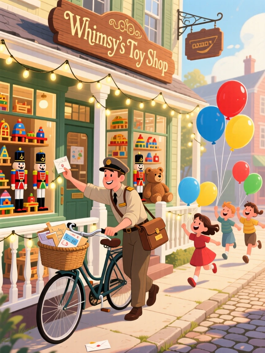 In an old-fashioned toy shop, a mail carrier with a bicycle basket full of letters is busy hanging fairy lights along a porch railing, while children skip past with balloons.