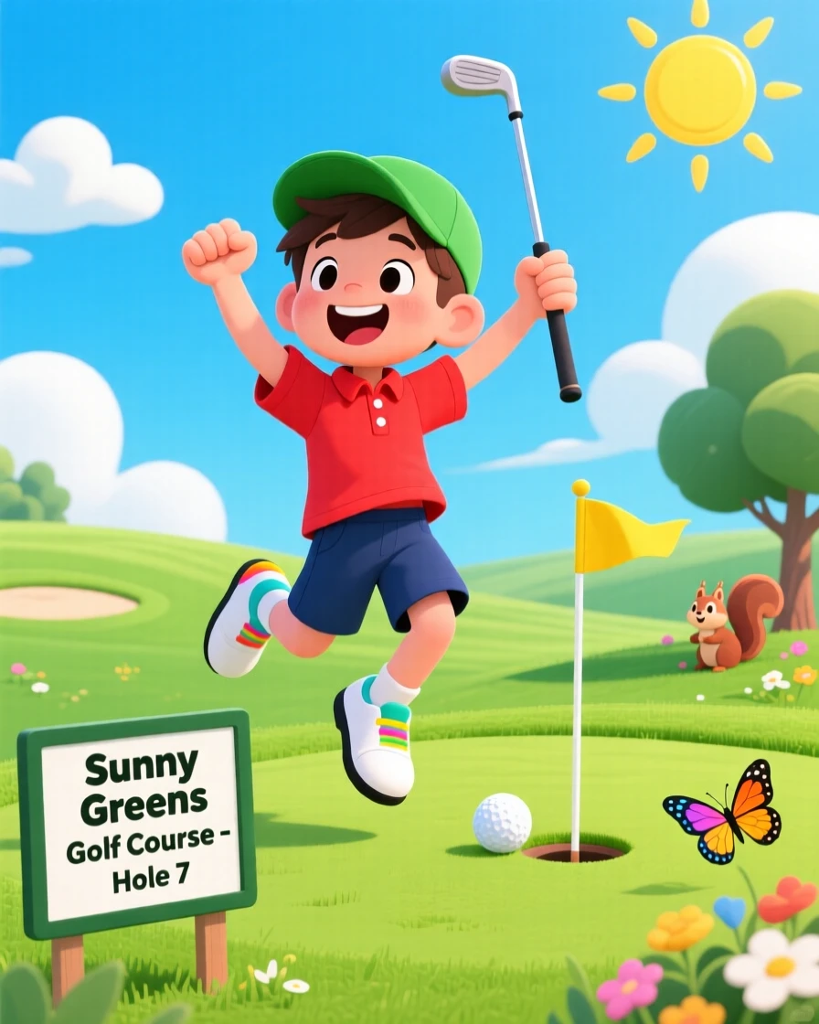 A young golfer celebrating a putt on a sunny green.