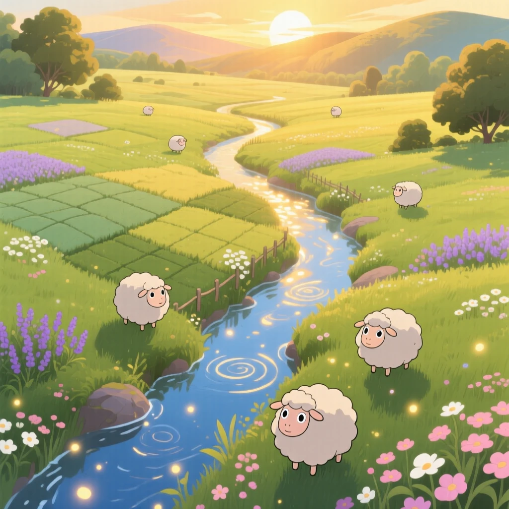 A breathtaking view of a meadow dotted with grazing sheep, with a narrow stream catching the light as it winds through, at golden hour, shown from directly above like a patchwork quilt.