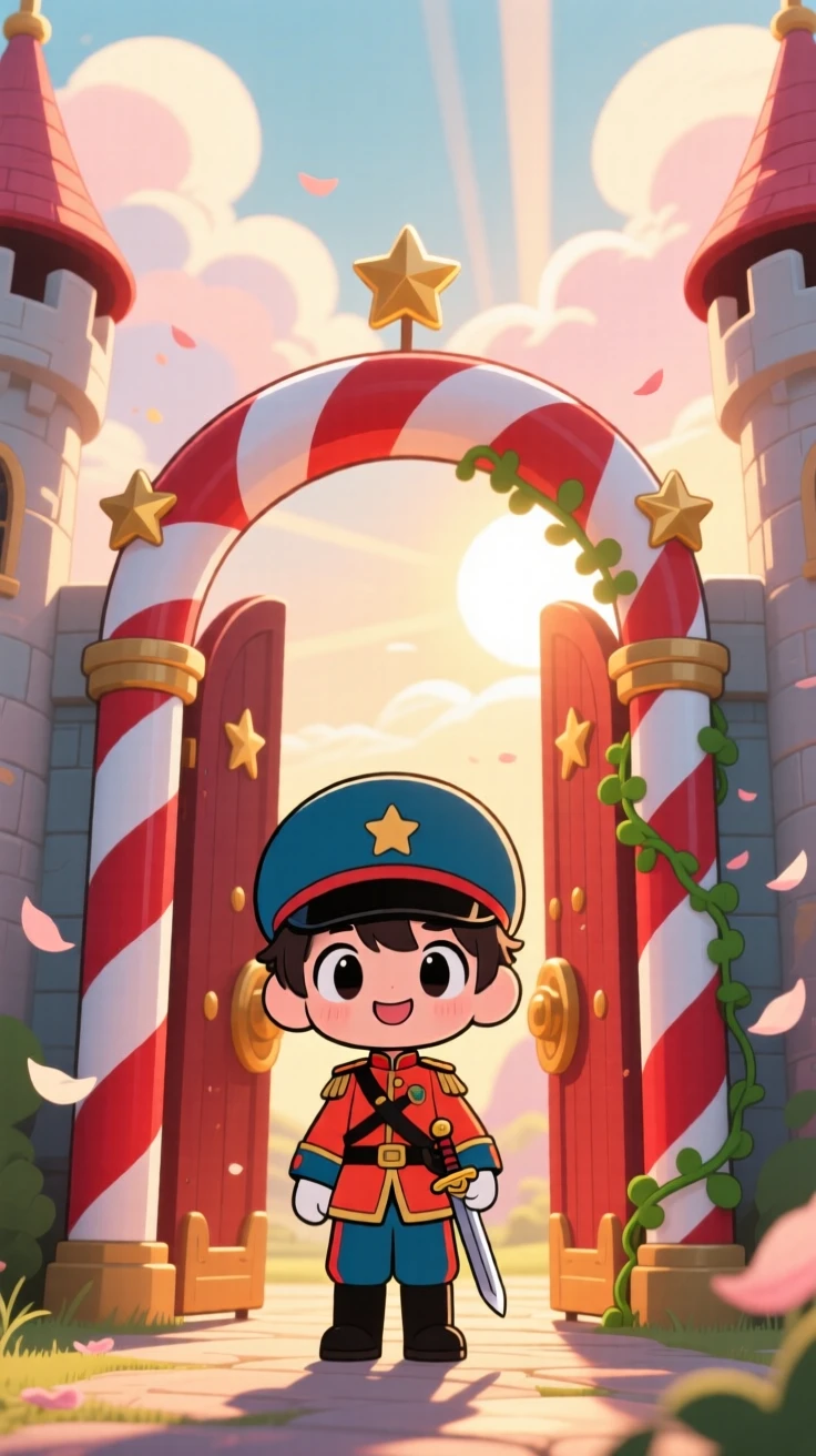 A young guard standing proudly at a candy-cane striped gate in a whimsical castle entrance during a light summer breeze; rays of sunrise breaking through clouds washes over the scene as quiet contentment fills the moment. Silhouette composition.
