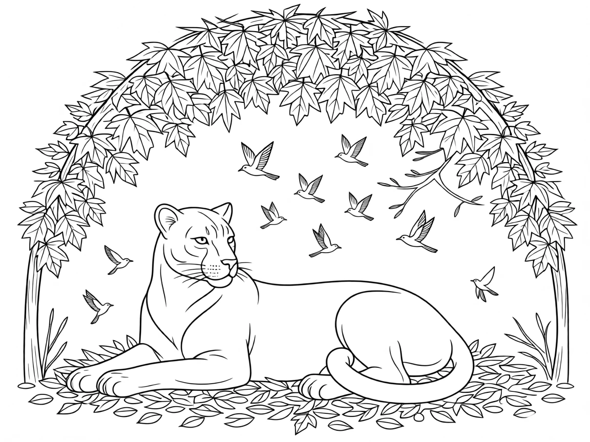 A black panther resting beneath a canopy of autumn leaves, with a flock of small birds scattering nearby.