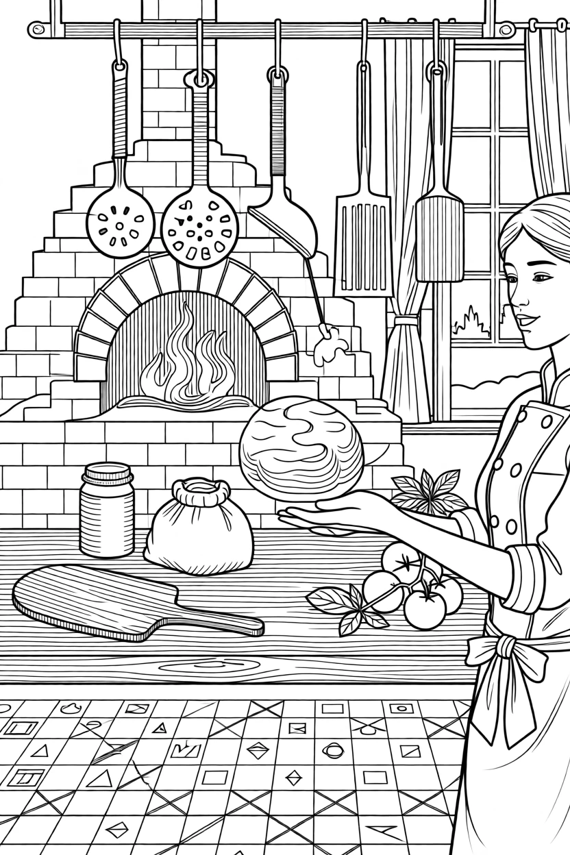 A pizza-making scene with dough being tossed above a wooden counter.