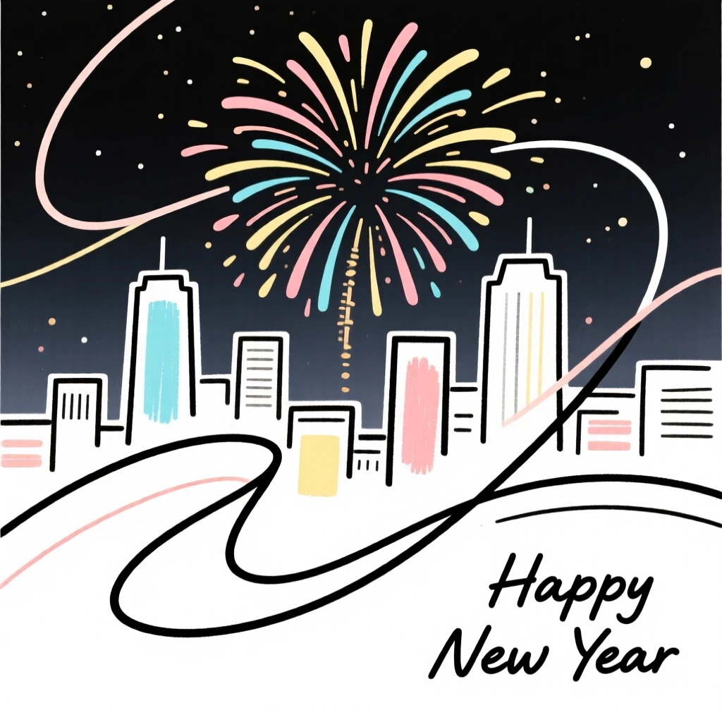 A fireworks display bursting over a city skyline on New Year's Eve.