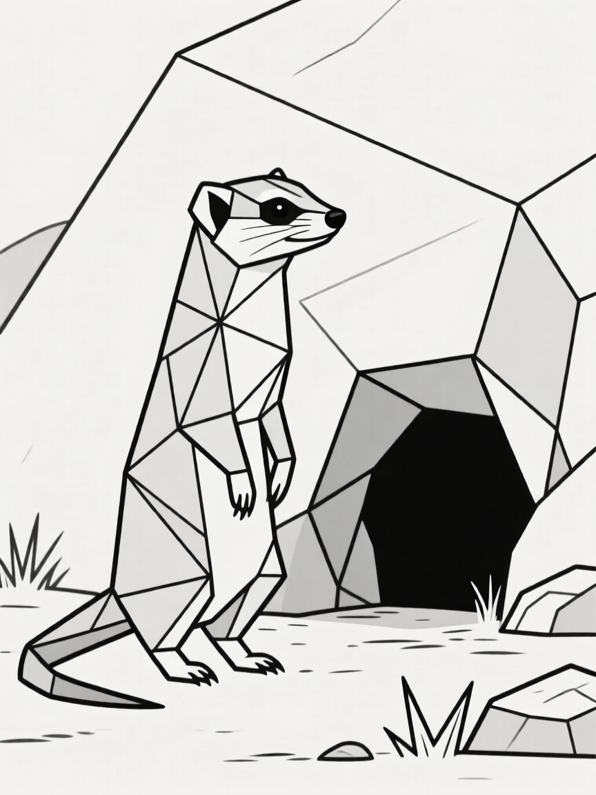 A mongoose standing alert near a rocky burrow