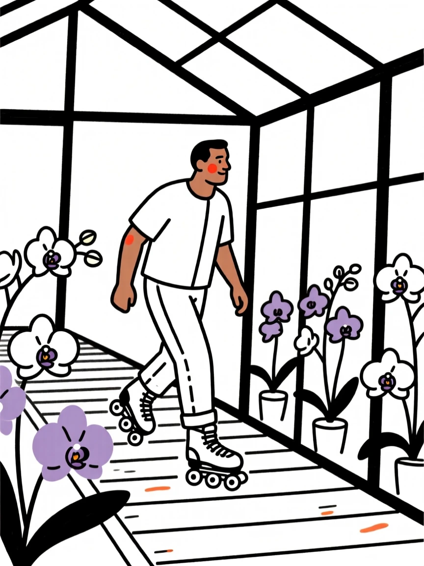 A father of Egyptian heritage roller skating along a boardwalk, in a greenhouse full of orchids.