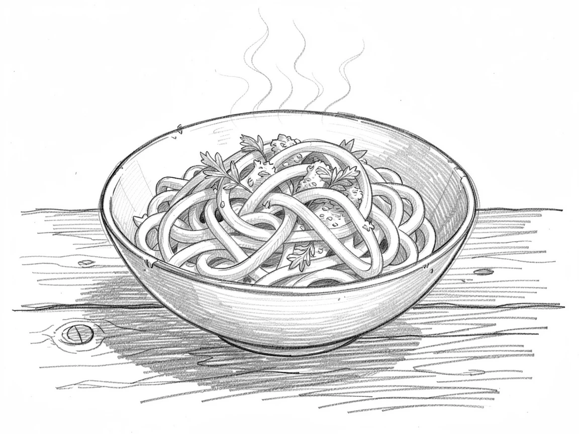 A bowl of fresh pasta tossed with herbs on a rustic wooden table, with steam rising gently into the light.