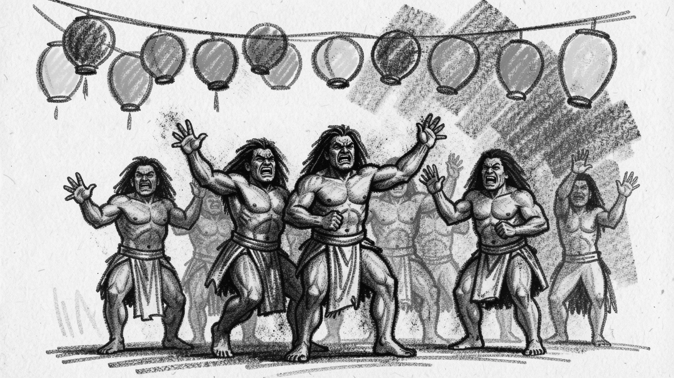 A traditional Maori haka performance, under a canopy of colorful lanterns.