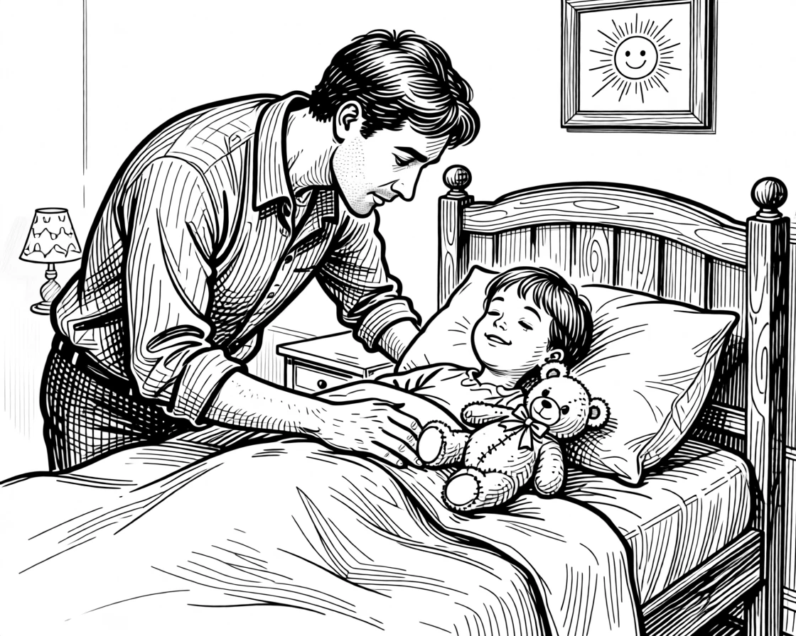 A father tucking his child into bed with a favorite stuffed animal.
