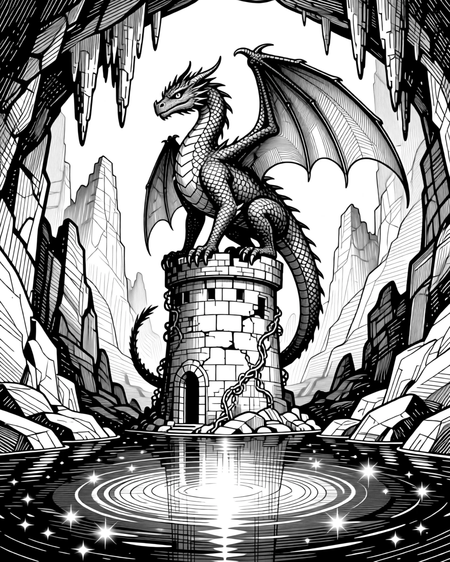 A dragon perched atop a crumbling tower deep within a glowing underground cavern, with reflections of starlight scattered across water, forming a quietly wondrous fantasy scene.