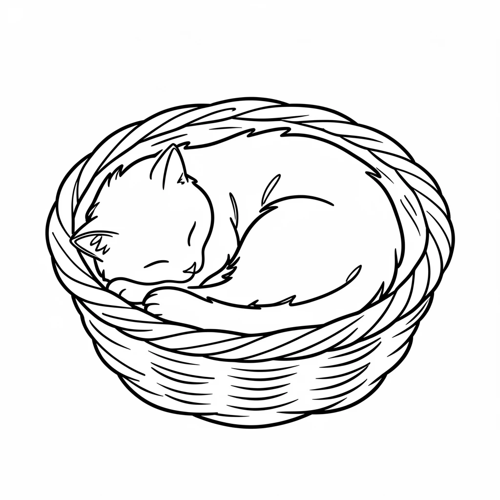 A fluffy tabby cat curled asleep inside a woven wicker basket