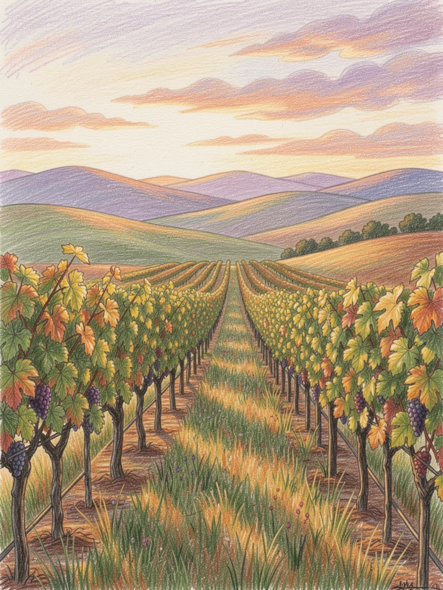 A Californian vineyard at golden hour with rolling hills beyond, with delicate details that reward a closer look, evoking warmth, beauty, and a lasting sense of wonder.