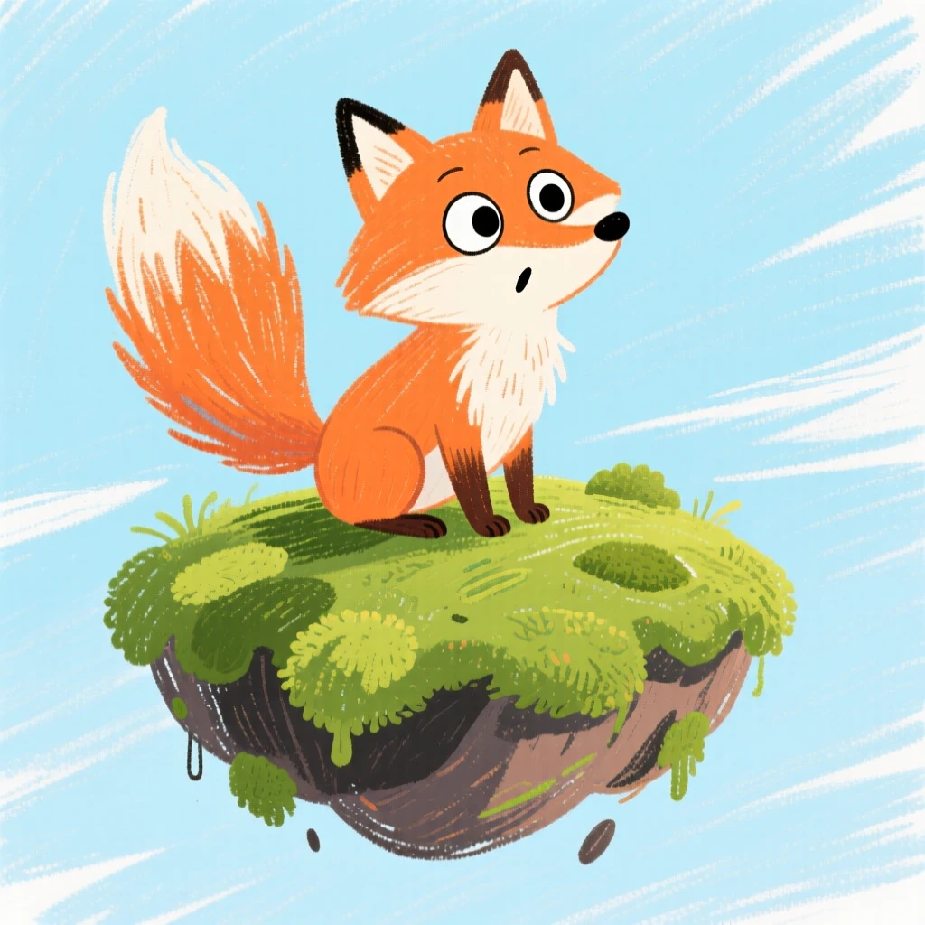 A talking fox perched atop a floating moss covered island.
