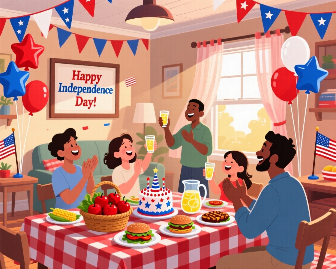 A festive Independence Day picnic with patriotic decorations, set within a cozy home filled with festive cheer, arranged with joyful energy and dynamic movement, with a joyful sense of togetherness and celebration.