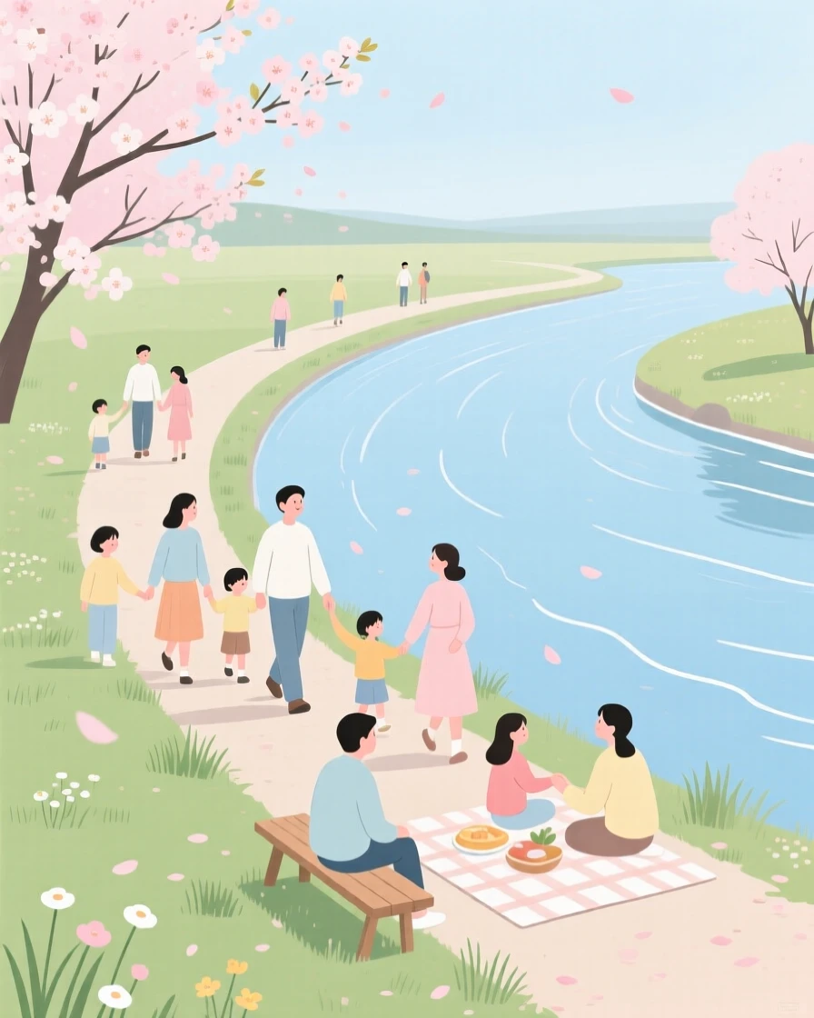 A spring scene of families gathering in a riverside path.