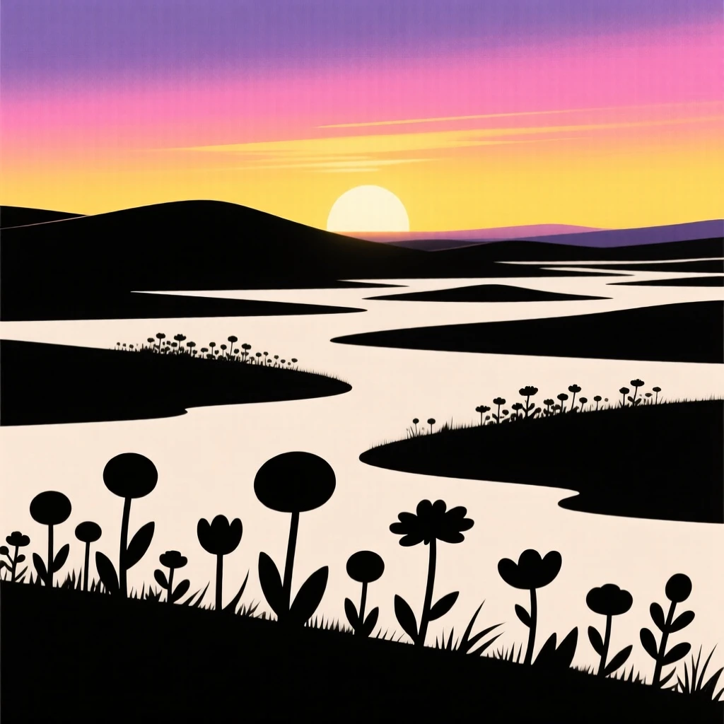 A wide expanse of tundra dotted with wildflowers under the midnight sun.