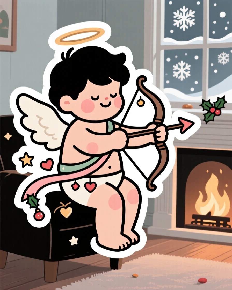A warmly nostalgic cupid figure with a small bow and arrow, decorated with ribbons and small ornaments, on a cozy holiday evening at home.