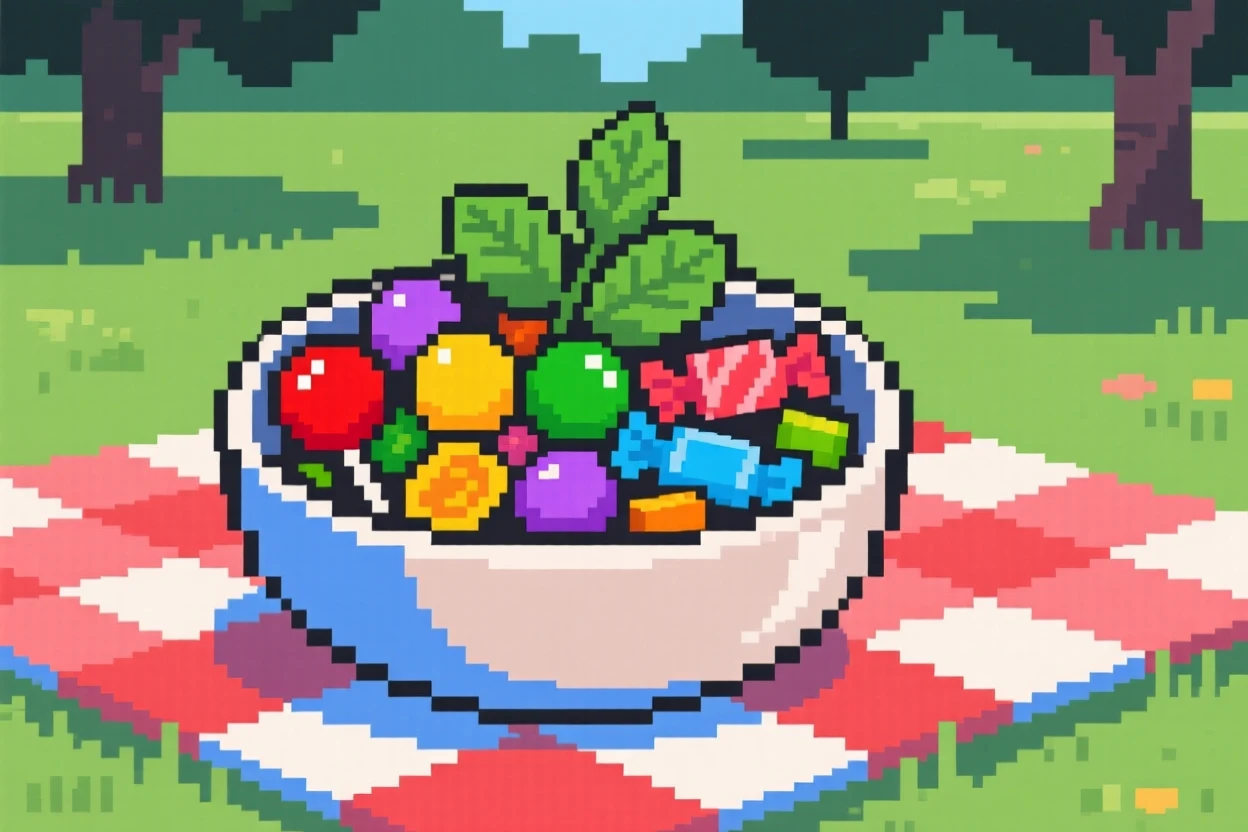 A bowl of colorful candy decorated with a sprig of mint, on a picnic blanket in a park.